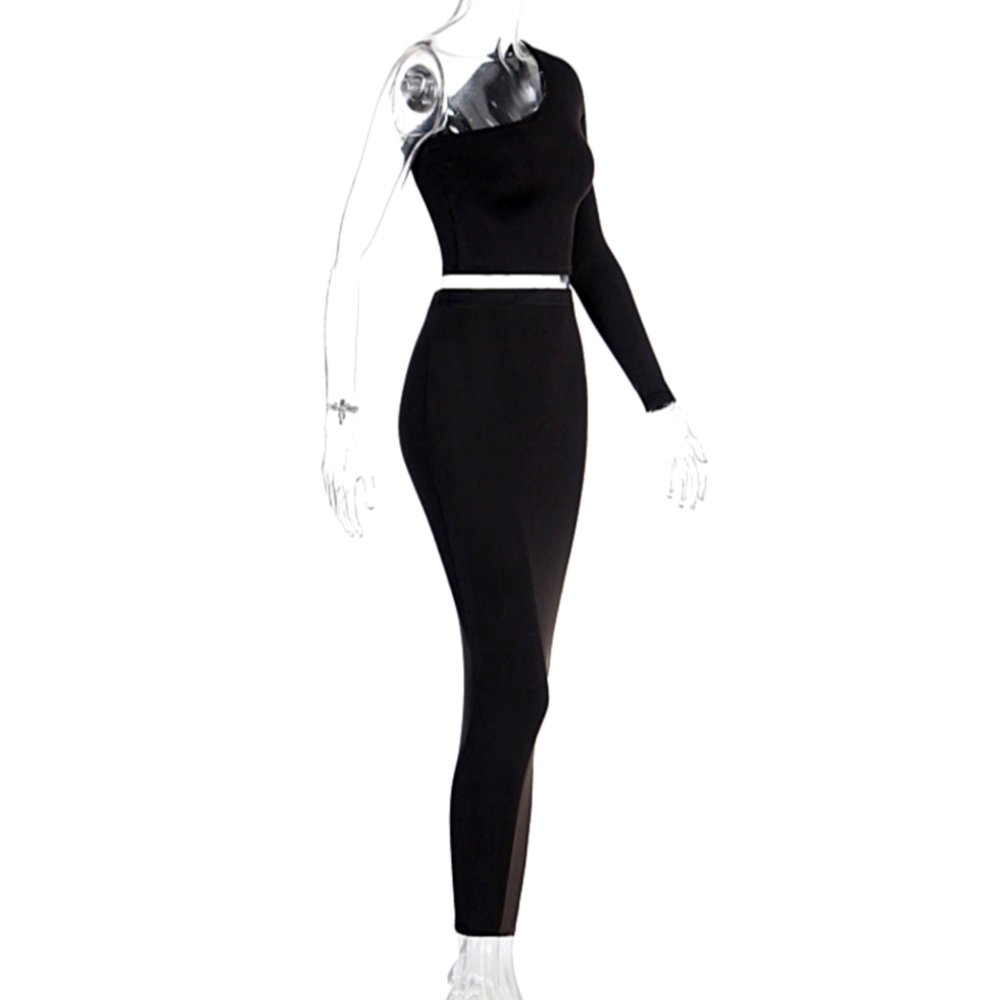 One Shoulder Rib Crop 2 Piece Skirt Set